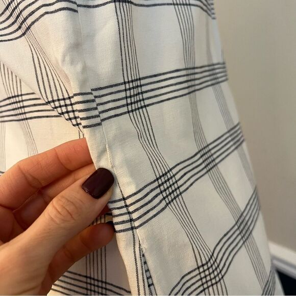 Theory Deep V Linen Blend Spring Plaid Midi Dress Size Medium in Ivory - Picture 11 of 12